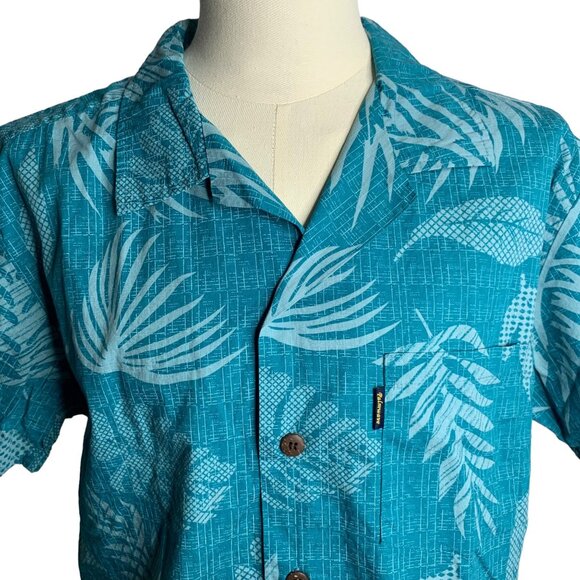 Palmwave Button Up Hawaiian Camp Shirt L Blue Floral Leaves Pocket Short Sleeve - Picture 2 of 6